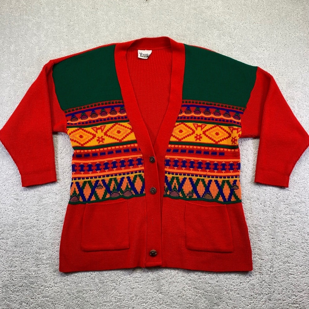 Vintage Young Design USA Womens Cardigan Sweater‎ L/XL? Knit Wool Blend Pattern
